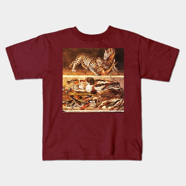 POMPEII ANIMALS,ANCIENT ROMAN MOSAICS ,WILD CAT WITH QUAIL,BIRDS,DUCKS AND FISHES Kids T-Shirt by BulganLumini